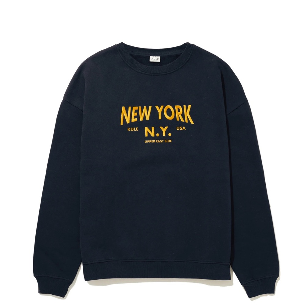 KULE Women's Oversized Navy Sweatshirt with Yellow New York Print sz XS - Picture 1 of 2